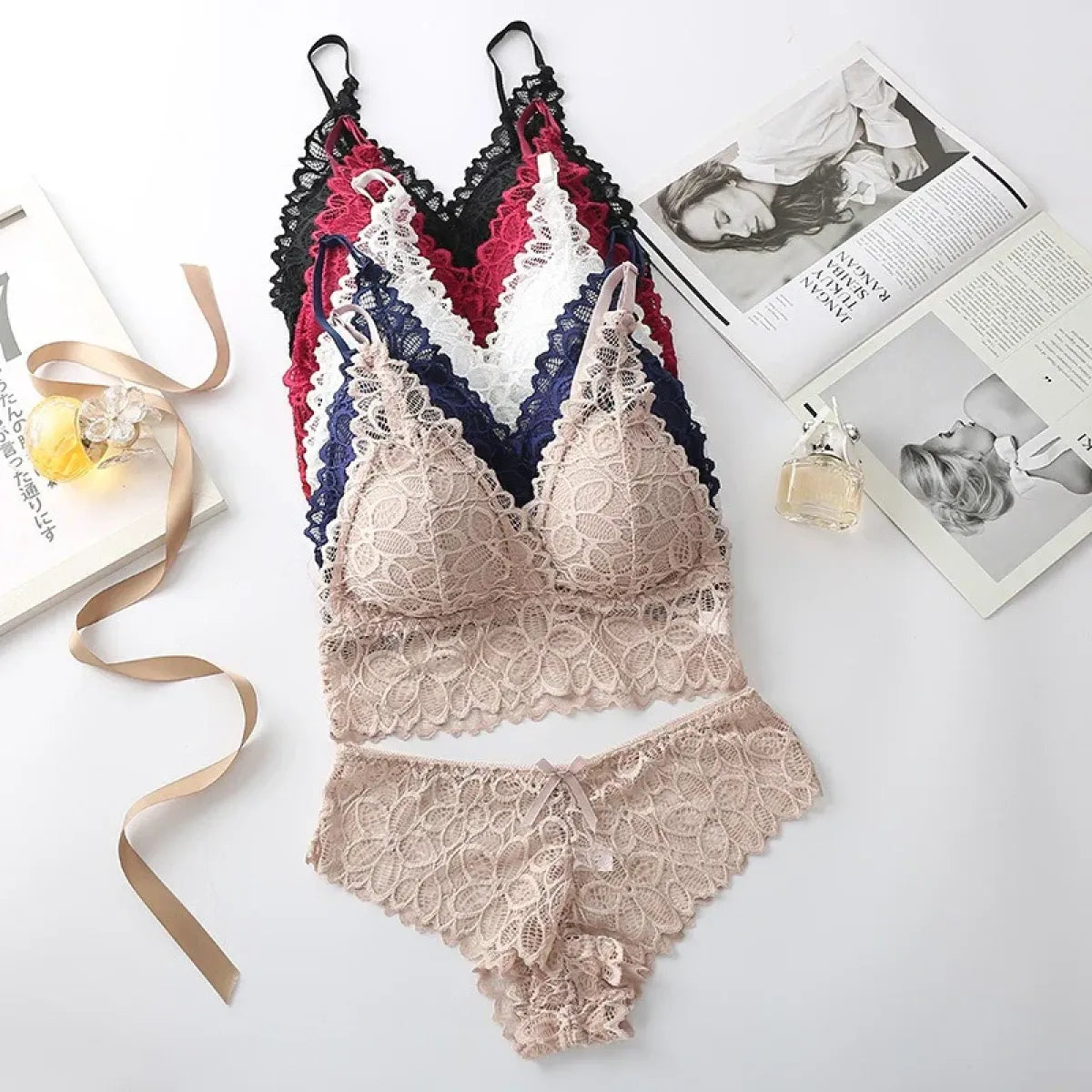 Lace Bra and Panty Set – Seamless Wire-Free Embroidered Lingerie