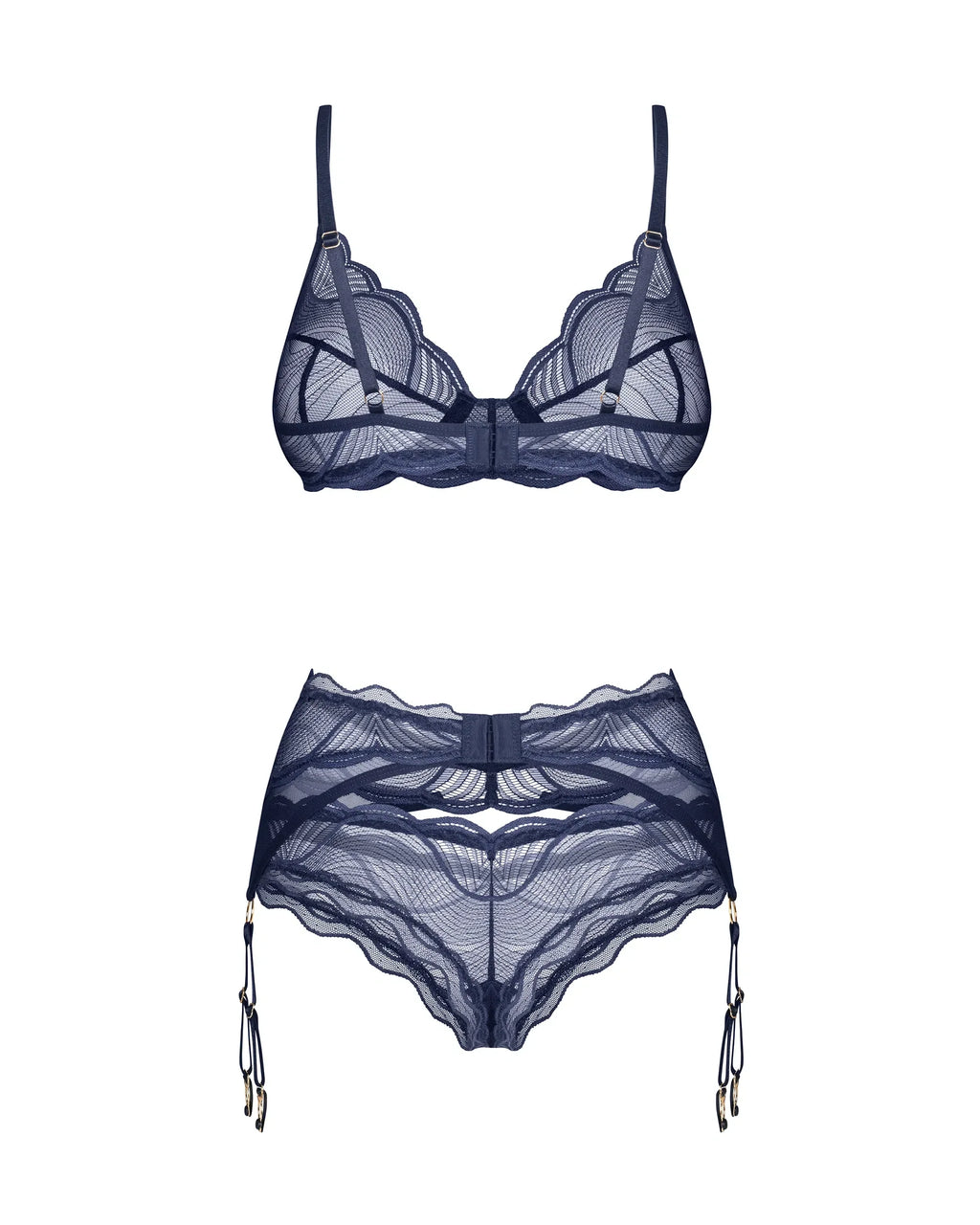 Obsessive Nightly Blue Sheer Bra Thong Garter Belt Set