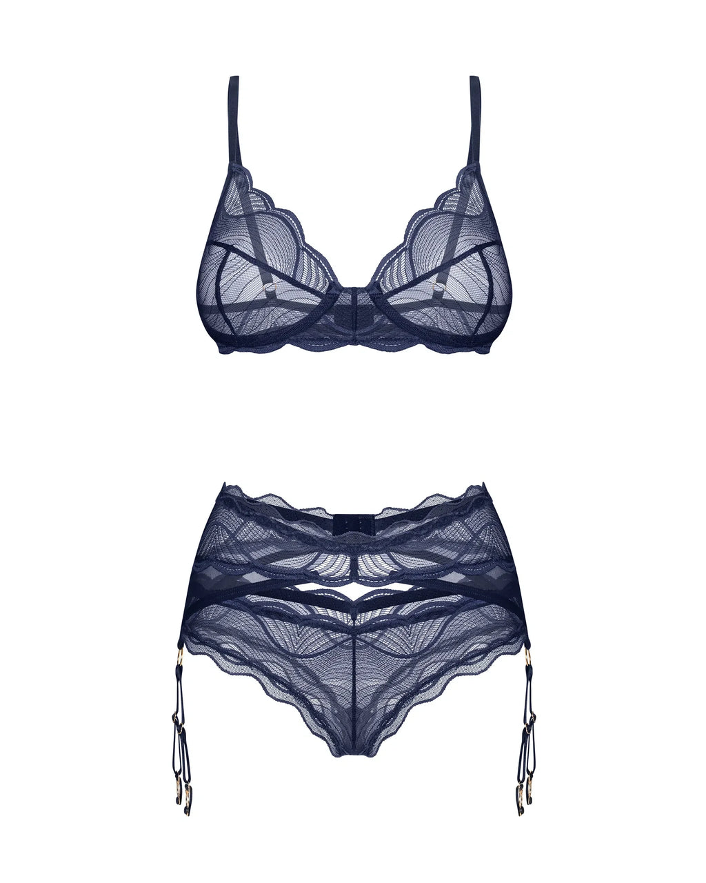 Obsessive Nightly Blue Sheer Bra Thong Garter Belt Set