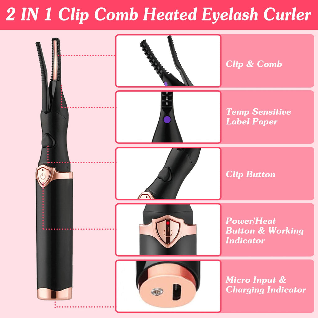 2 In 1 Clip Comb Heated Eyelash Curler Electric Mini Lash Curler Natural Eye Lash Makeup Tool with 3 Temp Settings 10Mins Shutdown