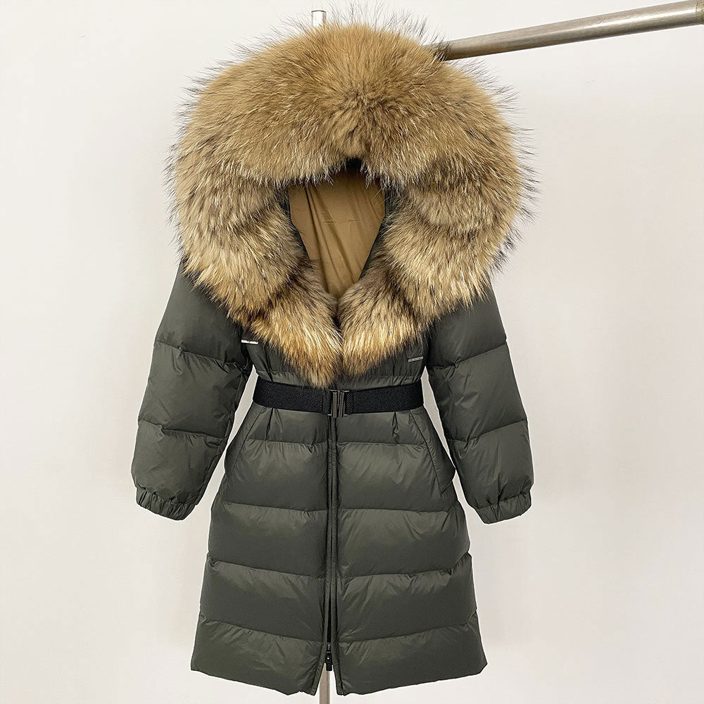 Women's Long Cinched Hoodie Real Fox Collar Fur Down Jacket Coat